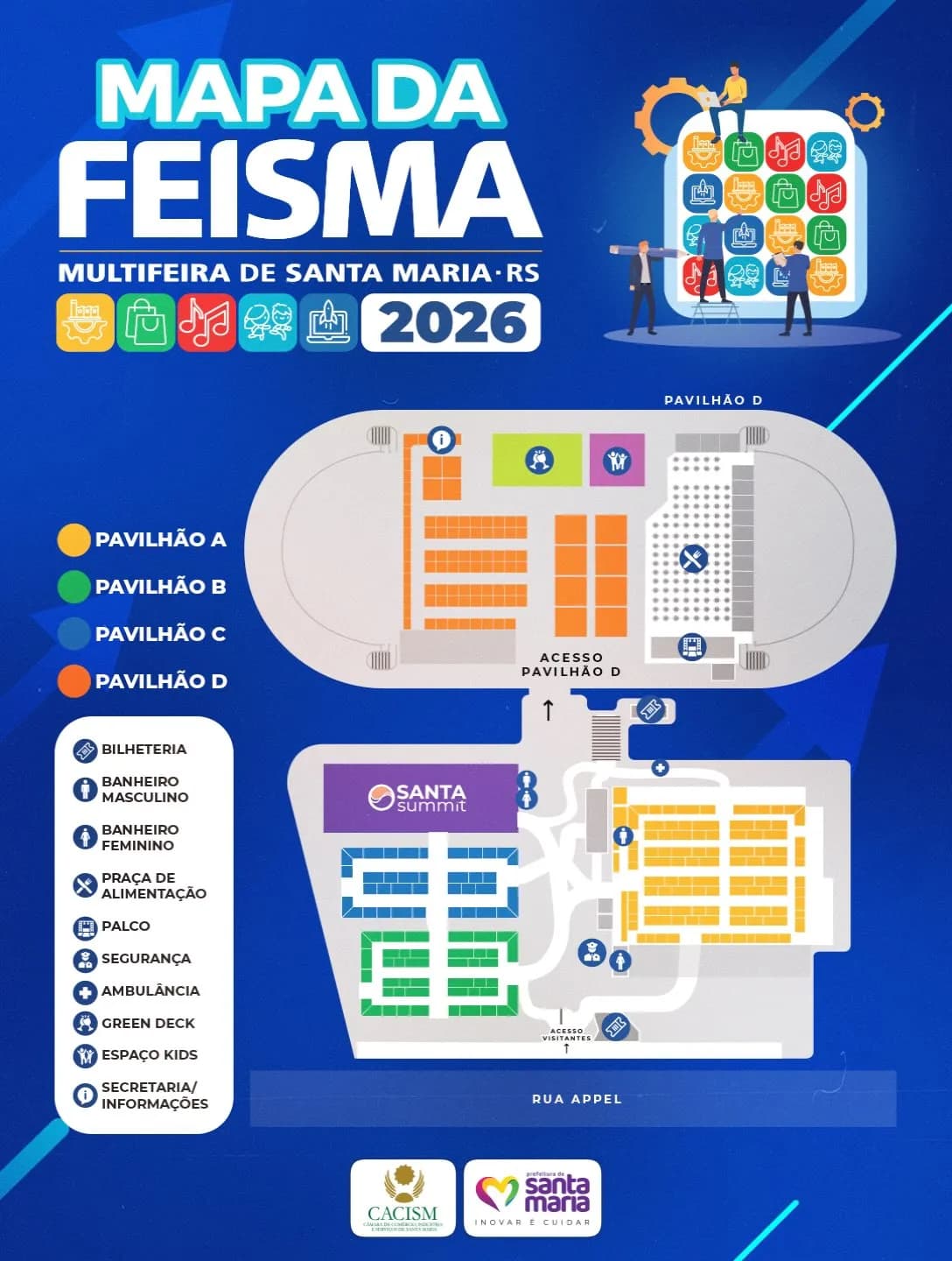 Mapa da FEISMA 2026: pavilhões A, B, C e D, Santa Summit, praça de alimentação, palco, Espaço Kids, bilheterias, banheiros e acessos pela Rua Appel